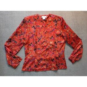 E.J. HARPER Women's Floral Blouse Size 6 Padded Shoulders Red Button Up long SLV